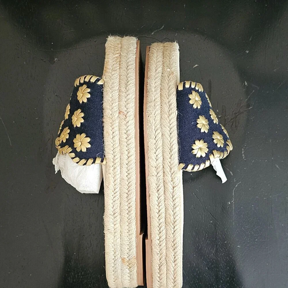 Jack Rogers Navy and Gold Floral Espadrille Slide Sandals